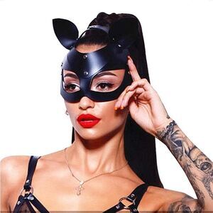 Black Faux Leather Cat Cosplay Pleasure Play Adjustable Mask